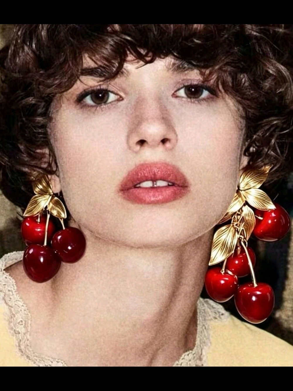 Gold Leaf Earrings with Red Cherry Drops - Women Jewelry